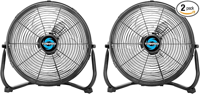 Tornado 12 Inch High Velocity Floor Fan, Heavy Duty Metal Industrial Fans, 3 Powerful Speed, 120° Adjustable Tilting 6.0 FT Cord - 2 Pack, Black