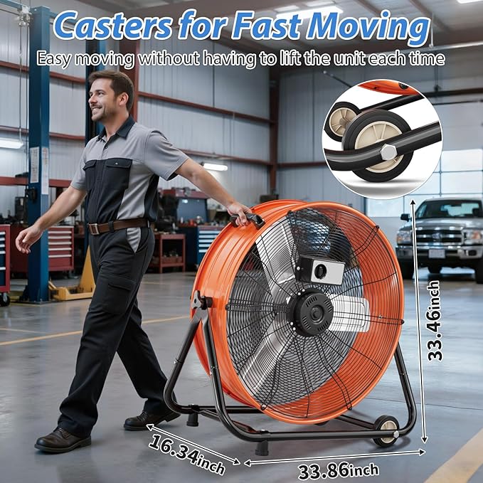 LifePlus 30" Industrial Drum Fan, 14000 CFM High Velocity 3-Speed Heavy Duty Metal Air Circulator with 360° Tilt, Casters Handle for Warehouse Factory workshops Patios Garage, Orange