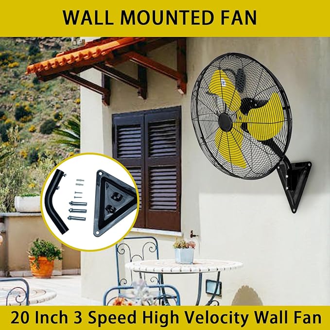 20" Wall Mount Fan, 7100CFM Heavy Duty Wall Fan with 3-Speed & Adjustable Tilt, High Velocity Industrial Oscillating Fans for Garage, Factory, Patio, Indoor, Porch, Shop & Commercial Use - ETL Listed
