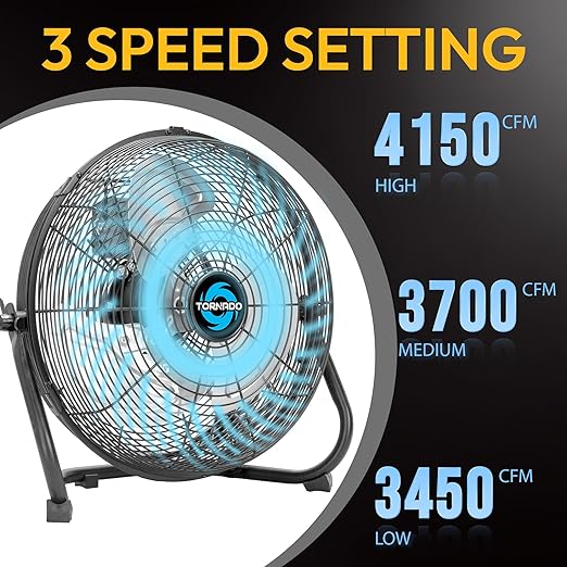 Tornado 18 Inch Powerful Industrial Floor Fan, 3-Speed High Velocity Metal Fan, 120° Adjustable Tilt, 6.0 FT Cord for Commercial and Home Use, Black