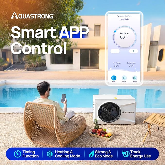 AQUASTRONG Inverter Swimming Pool Heat Pump,Pool Heater for Above Ground and Inground Pool Heating Smart WiFi Control and Cooling Pool Heater Pools Up to, 16000 Gallons