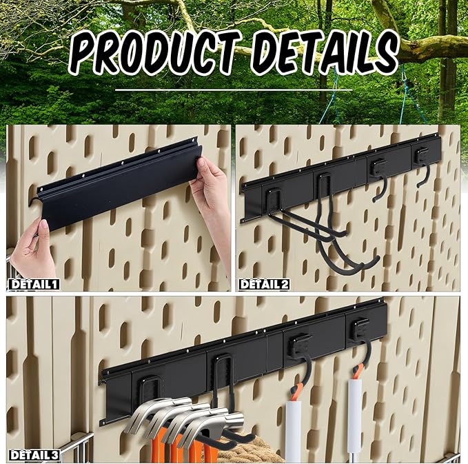 6 Pack Shed Tool Hooks Organizer Wall Mounted 32" Adjustable Storage Shed Accessories Double Straight Large Curved Mop Hook Metal for Large Small Tools Yard Gardening Rack Shovel Broom