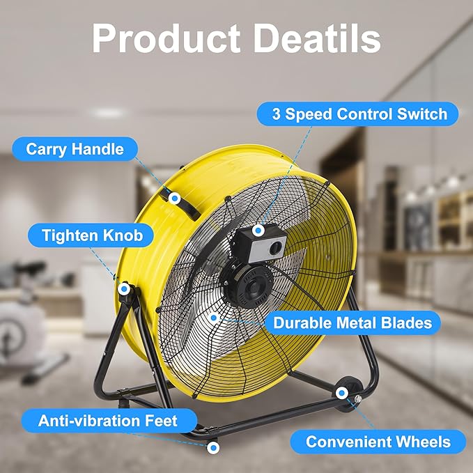 Uthfy 24 Inch High Velocity Floor Fan, 8800CFM Heavy Duty Industrial Drum Fan with 3 Speeds, 360° Tilt Metal Garage Fan with Wheels for Warehouse, Commercial, Workshop, Factory and Gym, Yellow