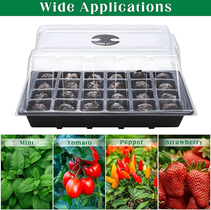 Hahood 4 Sets Seed Starter Tray Kit Germination Starter Tray with Humidity Dome and Base Include 100 Peat Pellets 100 Plant Labels Garden Tools Plastic Plant Growing Trays for Greenhouse Garden, Black