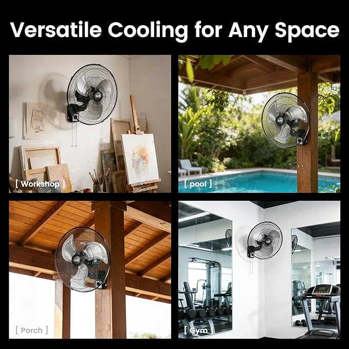 Xcity 20" Industrial Wall Mount Fan with Pull Cord, 90° Oscillating Shop Fan, 3-Speed High Velocity Airflow, Max 4650 CFM, Heavy Duty Metal for Garage, Workshop, Barn, Commercial, ETL Listed