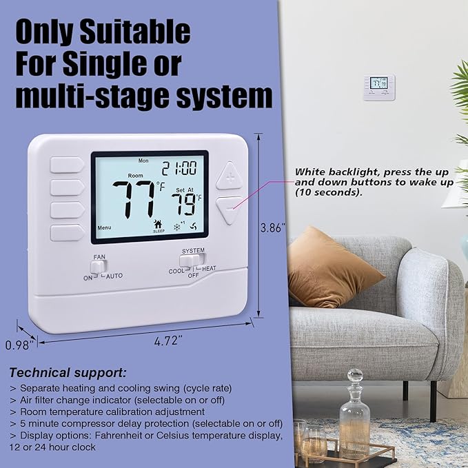 Heagstat 5-1-1 Day Programmable Thermostat for Home Conventional Single or Multistage Systems, up to 2 Heat/ 2 Cool, (with White Backlight)