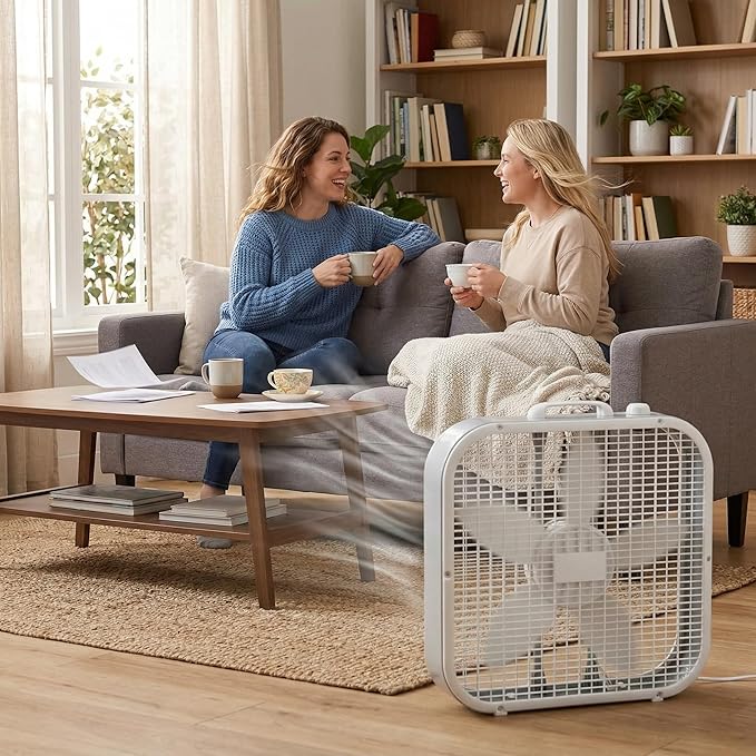 20-Inch Box Fan with Weather-Resistant Motor, 3-Speed Floor and Window Cooling Fan with Plastic Frame, Portable Carry Handle, 72-Inch Cord for Bedroom, Garage, Dorm, White