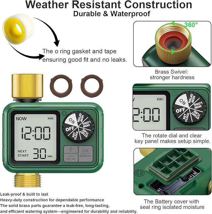 1 Zones Brass Inlet & Outlet Water Timer for Outdoor Garden Hose, Sprinkler Timer for Garden Faucet with Auto/Manual/Rain Delay Mode, Sprinkler Irrigation Controller for Yard Lawn