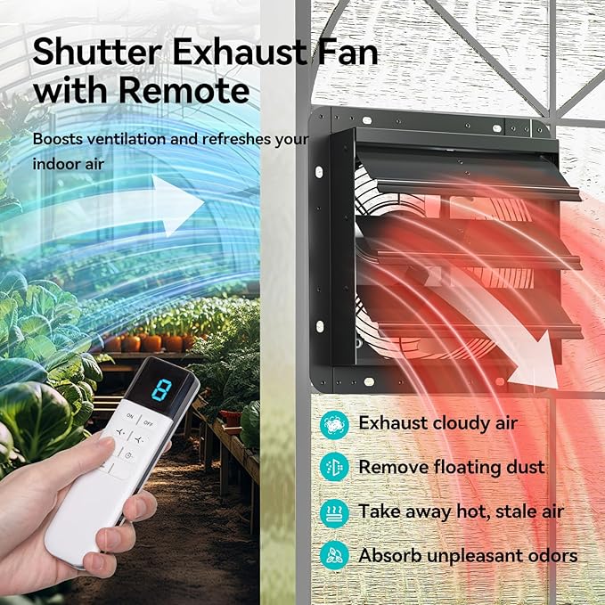 addlon 10 Inch Shutter Exhaust Fan Wall Mounted with EC Motors and Remote Control, Timer, 8 Speeds, 850CFM, Low Noise, Easy to Install, Plug in Ventilation Fan for Garages, Shops, Greenhouse, Attic