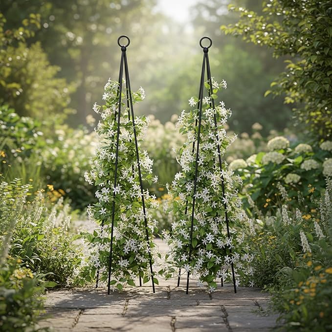 Loop Top Plant Trellis Stakes 34 Inch, Wrought Iron Black Powder Coated Plant Supports for Containers and Climbing Plants, Set of 2