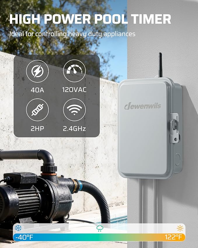 DEWENWILS Matter Smart Pool Pump Timer, 120V 2HP 40A, Metal Enclosure, Heavy Duty Timer Switch for Pool, Water Heater, Works with Apple HomeKit, Amazon Alexa, Google Home, SmartThings, ETL Listed