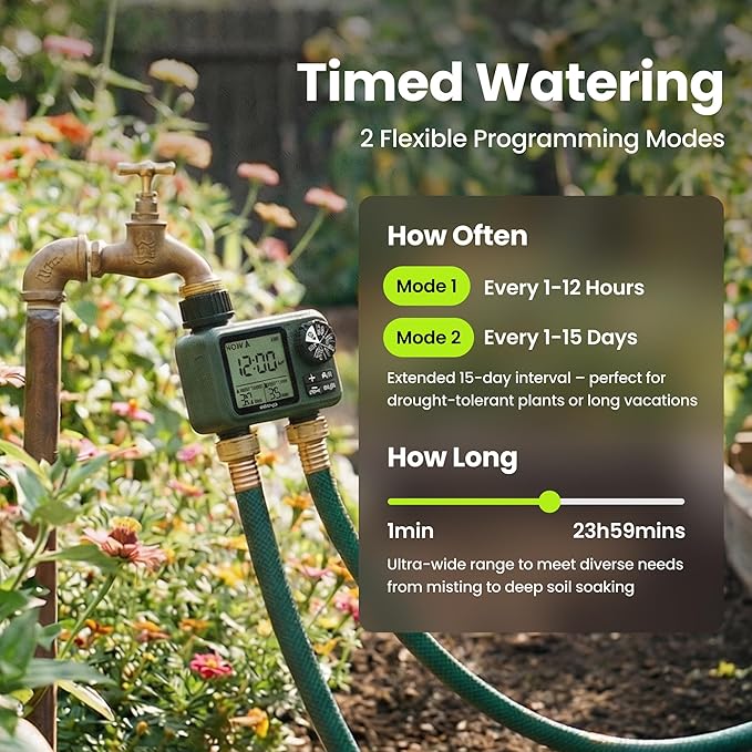 Sprinkler Timer for Garden Hose, Programmable 1 or 2 Outlet Controller with Self-Cleaning Valve, 15-Day Frequency, Large Dial, Rain Delay & Auto-Off, IPX5