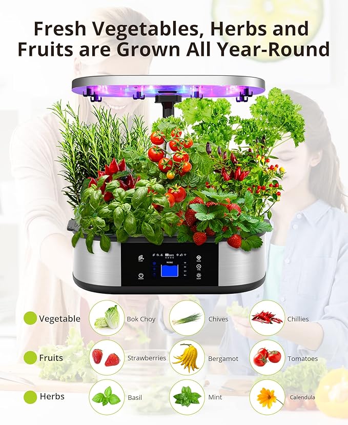 WiFi 12 Pods Hydroponics Growing System with APP Control,Indoor Garden up to 30" Height Adjustable with 48W Full Spectrum Grow Lights, Silent Pump System, Automatic Timer,Ideal Gardening Gifts