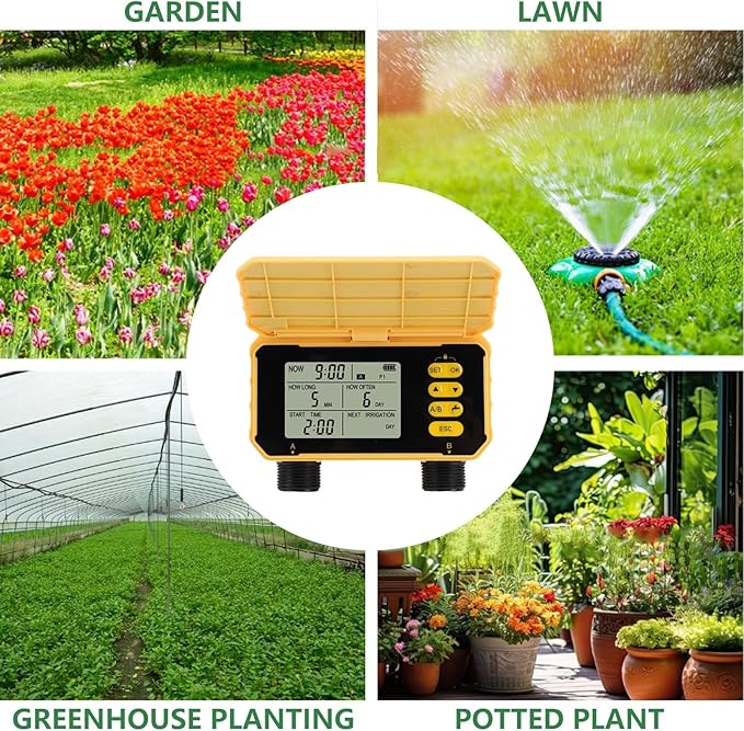 Solar Panel Sprinkler Timer, Double Outlet Smart Water Timer with Rain Sensor, Automatic Watering Valve Irrigation Controller System for Garden Hose Lawns Yard
