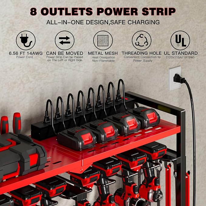 NattyDot Large Power Tool Organizer Cart with Charging Station 8 Drill Holder Garage Storage Standing Heavy Duty and Stability Storage Rack Utility Tool Shelf (Red)