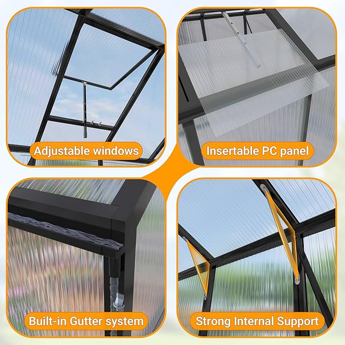 104in High 10x12FT Greenhouse for Outdoors, Polycarbonate Greenhouses with Stronger Wind Protection and Roof Vent, Walk-in Large Aluminum Winter-Proof Sunroom, Black