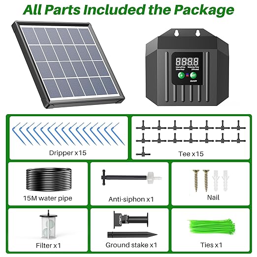 Biling 3W Solar Powered Drip Irrigation System, Digital Programmable Automatic Watering Kit with 2200mAh Battery for 15 Potted Plants, Indoor/Outdoor Use for Garden, Patio, Greenhouse