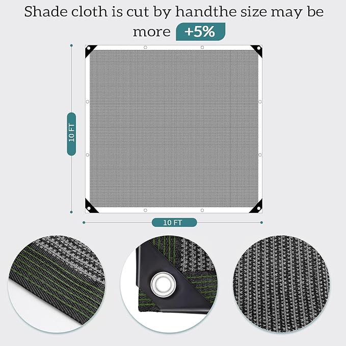 90% Grey Shade Cloth, 10x10FT Resistant Garden Sun Shade Net, Durable Mesh Shade Tarp with Reinforced Grommets for Greenhouse, Plant, Chicken Coop, Pergola, Swimming, Canopy，Patio，Garden