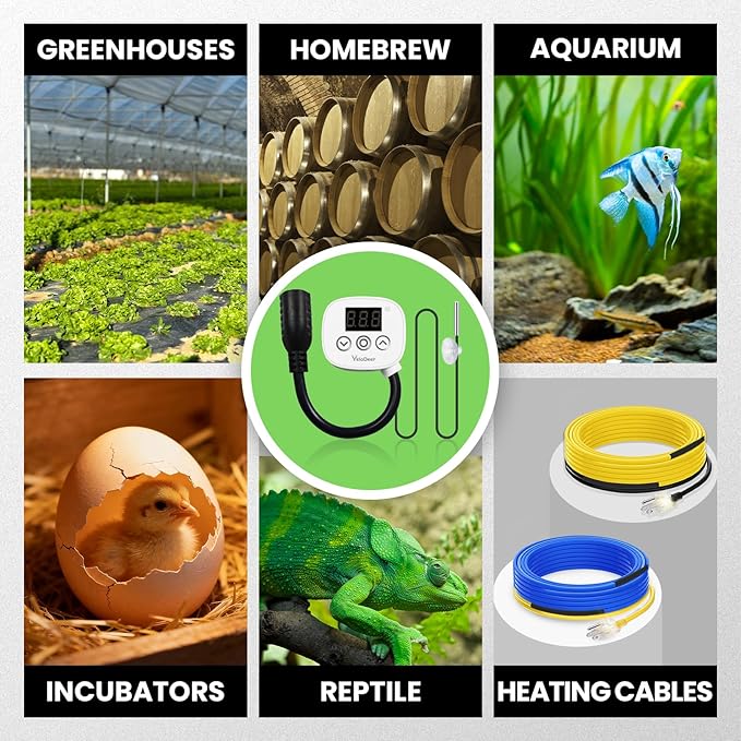 Digital Temperature Controller Outlet, Plug in Thermostat Switch 34-140°F, Timer Range 0h-10h,for Pipe Heating Reptile Greenhouse Aquarium Brewing Seedling Breeding and Hatching 110-120V 10A