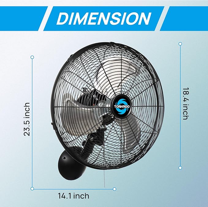 Tornado 16" Pro Series Oscillating Wall Mount Fan – High Velocity Heavy Duty Metal Fan for Industrial, Commercial & Residential Use – UL Listed, 3 Speeds, 2850 CFM, 120V