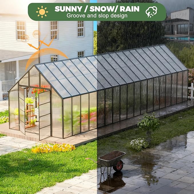CDCASA 36x10x10 FT Greenhouse for Outdoors, Easy Assembly Large Thicker Aluminum Heavy Duty Polycarbonate Greenhouses Kit w/8 Windows, Outside Sunroom Walk-in Green House for Patio,Backyard
