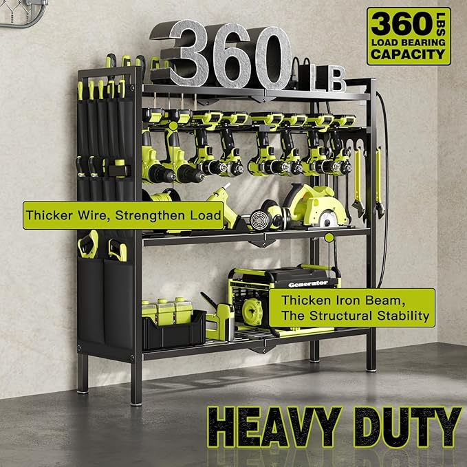 NattyDot Large Power Tool Organizer Cart with Charging Station 8 Drill Holder Garage Storage Standing Heavy Duty and Stability Storage Rack Utility Tool Shelf (Black)