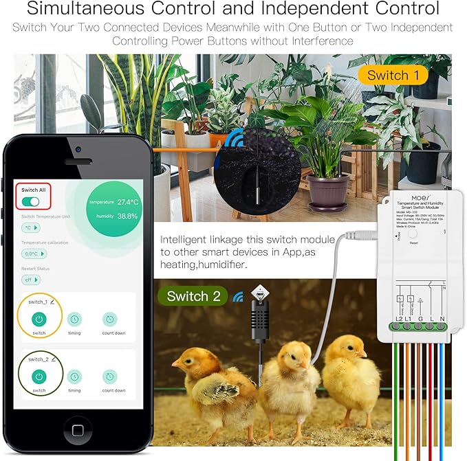 MOES WiFi Smart Temperature and Humidity Switch Module Sensor, Dual Relay Output Controller, Smart Life Tuya App Wireless Remote Control, Programmable Thermostats Kit Works with Alexa Google Assistant