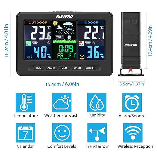 Wireless Weather Station with Outdoor Remote Sensor Indoor/Out Temperature and Humidity Alarm Clock Calendar Weather Forecaster with Color LCD Display