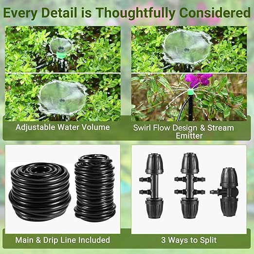 Drip Irrigation Kit for Garden, Raised Beds, Lawn - Adjustable Watering System with Drip Emitters, 5/16" & 1/4" Tubing, Barbed Fittings