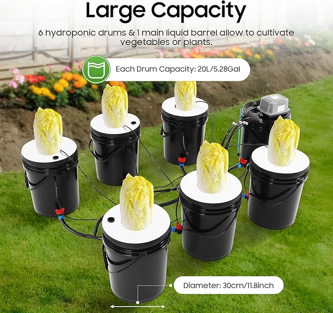 6 Bucket Hydroponic System Kit, Dwc Hydroponic System Kit with Drip Irrigation, 5.28Gal Capacity, 6.6Gal/Min Air Pump, Includes Air Pump Ideal for Vegetables and Indoor Growing