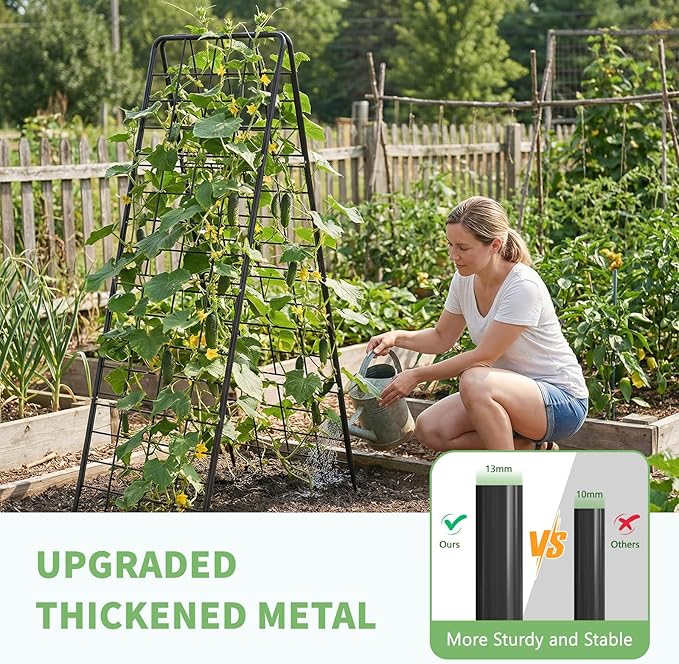 DoCred Cucumber Trellis, 59" H 2 Pack Metal Foldable Thickened A Frame Garden Trellis for Raised Bed Climbing Plants, Vegetables, Including Plant Support Clips, Twist Ties, Plastic Ties, Black