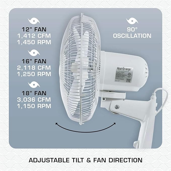 Hurricane 18" Supreme 90-Degree Oscillating Wall Mounted Fan with 3 Quiet Speeds, White - Indoor Air Cooling Unit with Adjustable Tilt and Pull Cords for Bedroom, Garage, Office, and Home