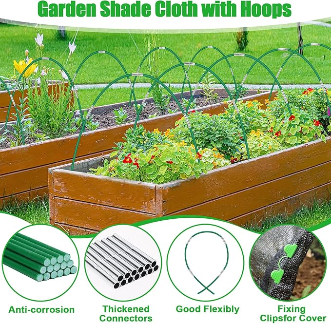 10 X 20FT 75% Garden Shade Cloth with Hoops,Plant Shade Cloth Garden Greenhouse Grow Tunnel for Heat Protection,Raised Bed Row Cover Black Netting Tarp for Outdoor Outside Patio Chicken Coops