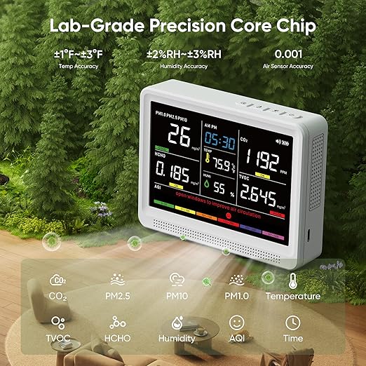 bonoch 16 in 1 Air Quality Monitor Indoor 10h-Battery & 5.5" Display 9 AQI+7 AQI Alerts, CO2 Monitor, Air Quality Tester for CO2, TVOC PM2.5 PM1.0 PM10 HCHO Temperature Humidity AQI & Time Air Meter