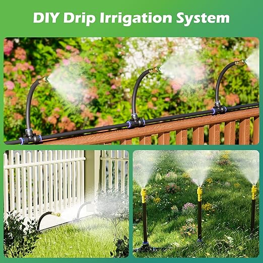 Drip Irrigation System 100 FT with 32 Nozzles, 360° Adjustable Bendable Garden Watering Misting System for Greenhouse, Yard, Lawn, Plant, Garden, 1/4 inch Hose