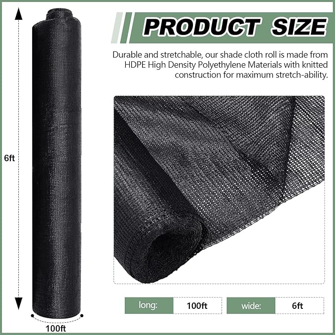6 x 100 ft Shade Cloth Black Shade Cloth Roll for Covering Garden 70% Mesh UV Resistant Net with Ties for Patio Outdoor Greenhouse Fence Flower Plant Cover Canopy