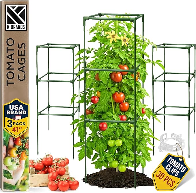 Square Tomato Cage - Large Trellis Stakes and Plant Support Structures for Vegetables and Climbing Plants - Tall Tomato Cages for Garden, Pots, Raised Garden Bed Outdoor Supplies (3 Pack - Up to 41")