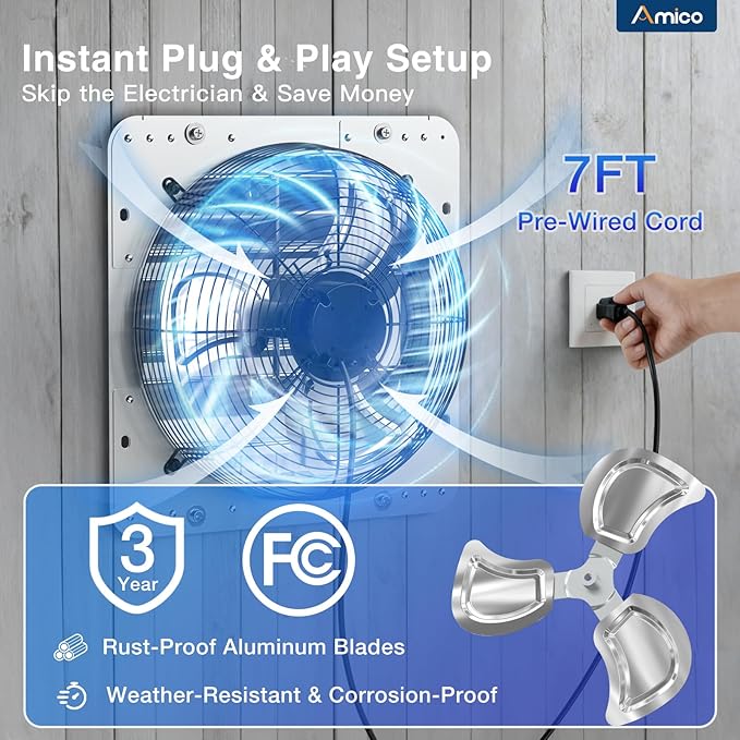 Amico 16 Inch Shutter Exhaust Fan with Remote,Energy Efficient &Quiet 60W EC Motor 2000 CFM Wall Mount Ventilation Fan for Garage,Greenhouse,Attic&Chicken Coop,9-Speed Adjustable,Plug In,Timer,FCC