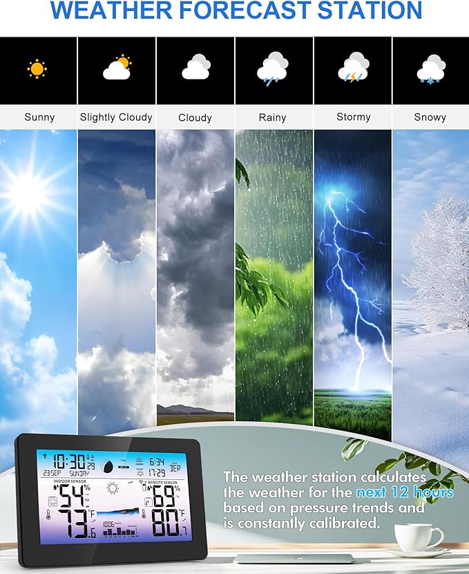 Weather Station Wireless Indoor Outdoor, Digital Thermometer for Home, Large Color HD Display with Remote Sensor, Weather Forecast, Atomic Clock, Moon Phase