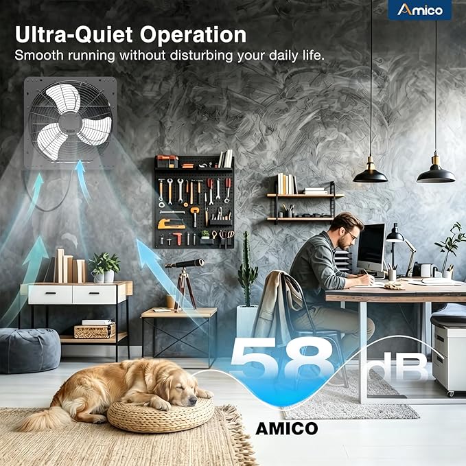 Amico 16-Inch Shutter Exhaust Fan with Thermostat and Humidity Control, 2068 CFM Attic Fan with 8-Speed Auto Adjust, 68W Brushless EC Motor Vent Fan for Greenhouse,Garage,Chicken Coop, Gable Wall Vent