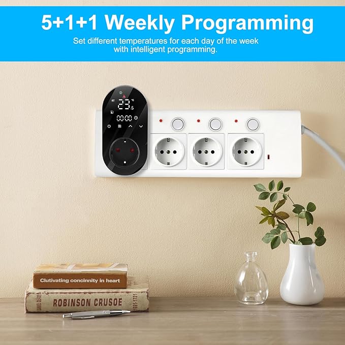 Luocute Smart WiFi Plug in Thermostat APP Remote Voice Control Energy Saving Mode Compatible with Electric Heating Equipment for Home Greenhouse Reptile Enclosure (Black)