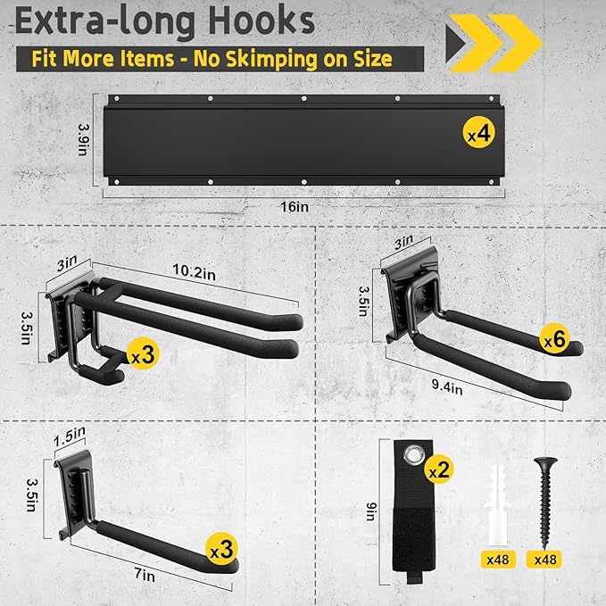 64" Garage Wall Organizer – 12 Longer & Thicker Hooks + 2 Straps, 900 Lbs Heavy Duty Steel Garden Tool Storage Rack & Garage Organization for Yard, Shed, Garage