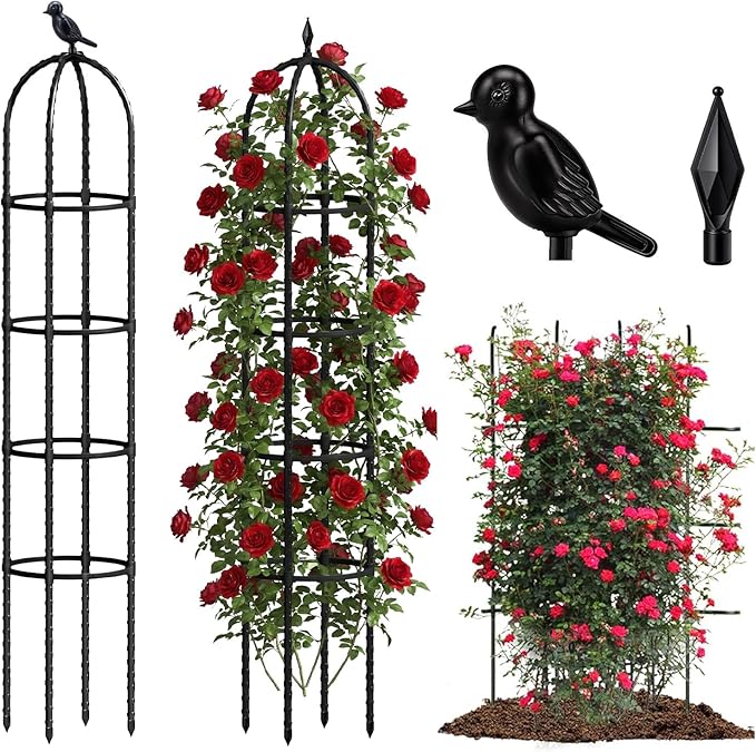 Joyhalo 2 Pack Trellis for Climbing Plants Outdoor, 6.2ft High Adjustable Garden Trellis for Flowers, Black Plastic Coated Steel Plant Stakes Use As Tomato Cage