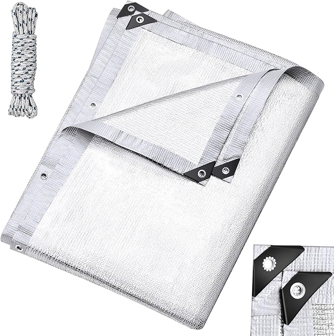 Mindsoft 1 Set Aluminum Shade Cloth 10 x 10 ft Reflective 99% Aluminum Cloth Silver Heat Reflective Tarp for Car Garden Outdoor Pergola Lawn Durable Sunblock Neting Shade Cover with Edge and Hole