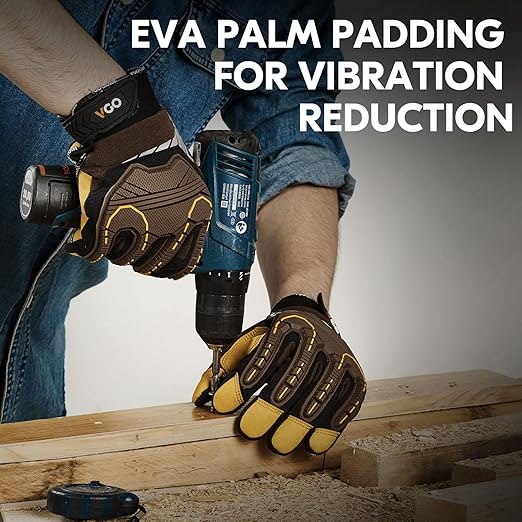 Vgo... 1-Pair Heavy Duty Synthetic Leather Work Gloves, Impact Protection Mechanic Gloves, Rigger Gloves, Vibration Reduction, Touchscreen Capable (Size M, Brown, SL8849)