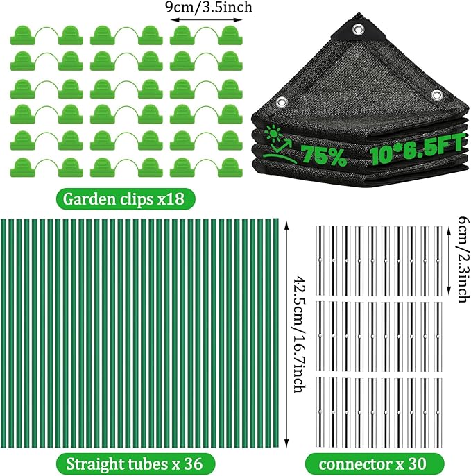 10 X 6.5FT 75% Garden Shade Cloth with Hoops, Plant Shade Cloth Garden Greenhouse Grow Tunnel for Heat Protection, Raised Bed Row Cover Black Netting Tarp for Outdoor Outside Patio Chicken Coops