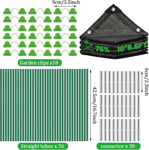 10 X 6.5FT 75% Garden Shade Cloth with Hoops, Plant Shade Cloth Garden Greenhouse Grow Tunnel for Heat Protection, Raised Bed Row Cover Black Netting Tarp for Outdoor Outside Patio Chicken Coops