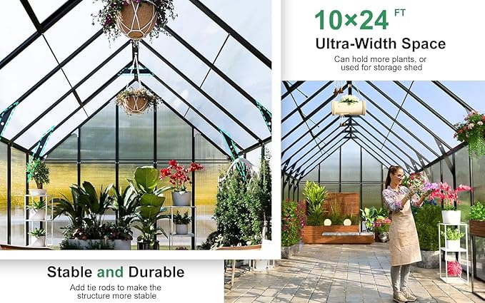 CDCASA 10x24 FT Greenhouse for Outdoors,Large Easy Assembly Thicker Aluminum Polycarbonate Greenhouses with 5 Windows, Double Door,Outside Walk-in Green House for Patio, Backyard,Garden