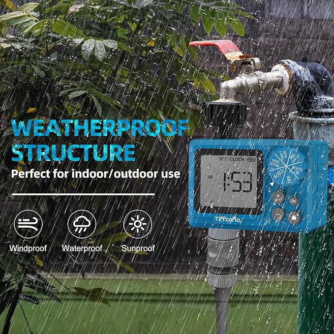 TiFFCOFiO Sprinkler Timer Outdoor, Digital Programmable for Garden Hose, Irrigrtion Timer with Rain Delay and Manual Mode (1 Pack)
