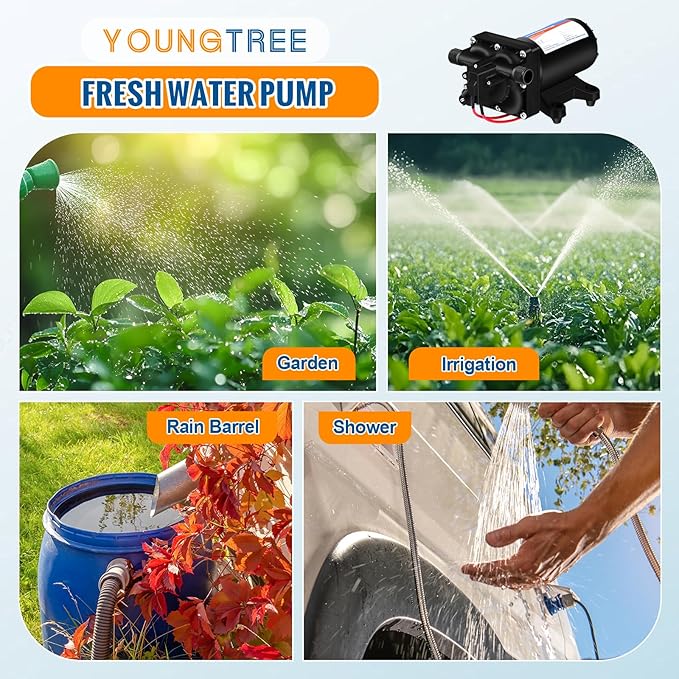 YOUNGTREE 12V RV Fresh Water Pressure Pump, 5.5GPM 70PSI Diaphragm Pump, Self-Priming DC Water Pump with 3/4" Garden Hose Adapters for Irrigation, Camper, Boat, Trailer, Marine, Off-Grid Cabin Use